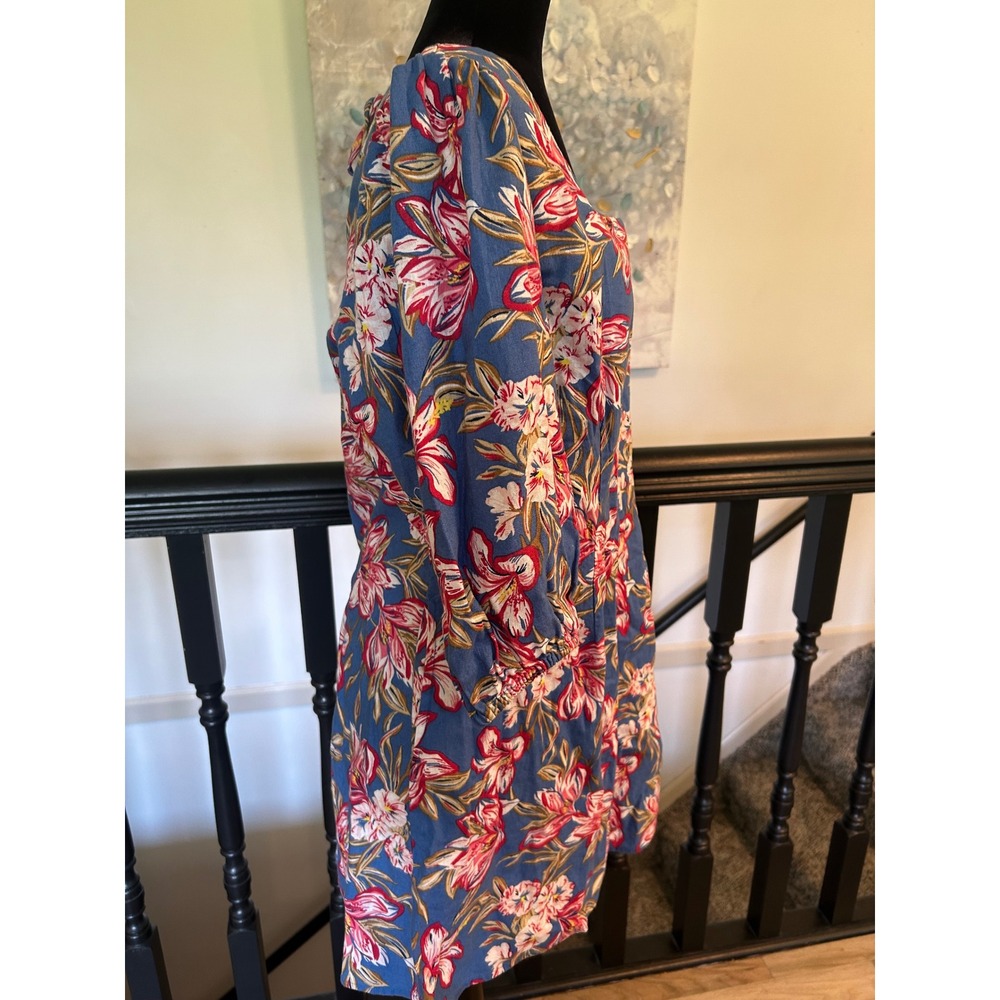A New Day Blue Floral Cotton Linen Square Neck Puff Sleeve Mini Dress L NEW - Picture 3 of 10